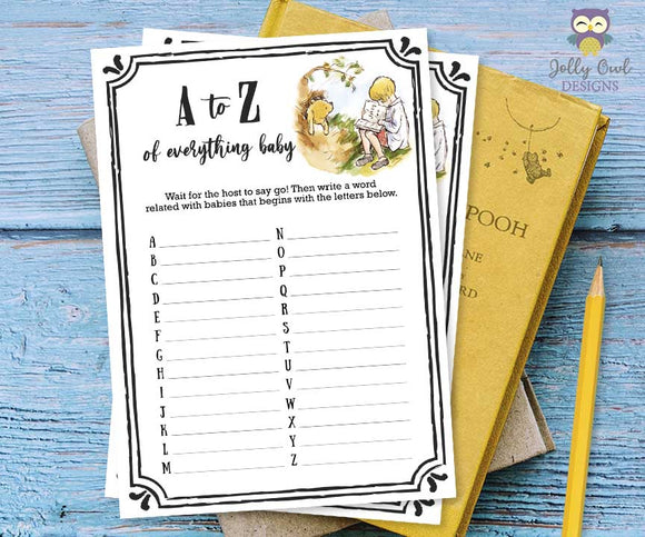 Classic Winnie The Pooh Baby Shower Game Card - A to Z of Everything Baby