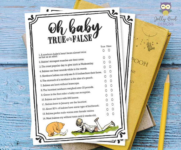 Classic Winnie The Pooh Baby Shower Game - Oh Baby True Or False Game
