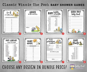 Classic Winnie The Pooh Baby Shower Games - Bundle Set