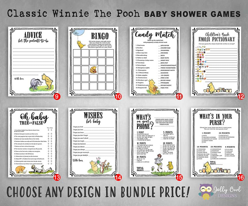 Classic Winnie the Pooh Baby Shower Game Bundle, Editable Winnie