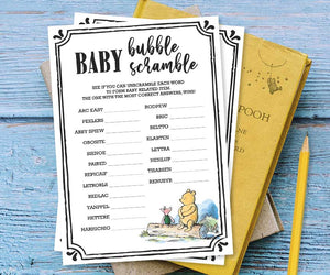 Classic Winnie The Pooh Baby Shower Game Card - Scrambled Letters