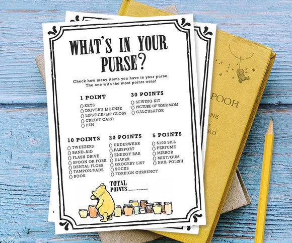 Classic Winnie The Pooh Baby Shower Game Card - What's In Your Purse?
