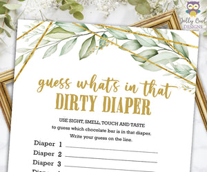 Gold Geometric Botanical Greenery Baby Shower Game - Dirty Diaper Guess the Food