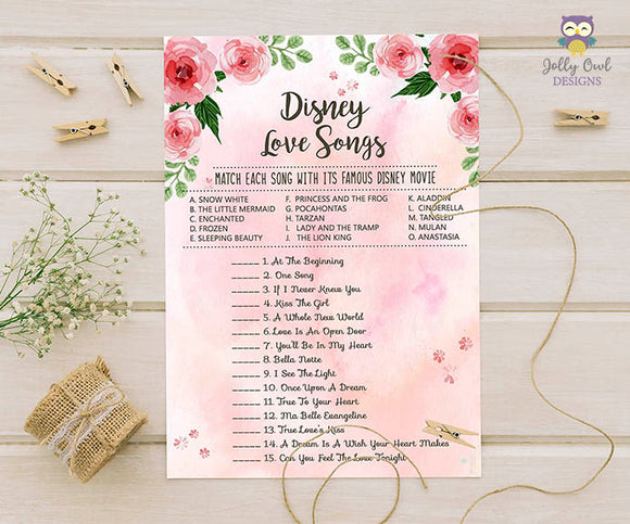 Floral Watercolor Themed Bridal Shower Game Disney Love Songs