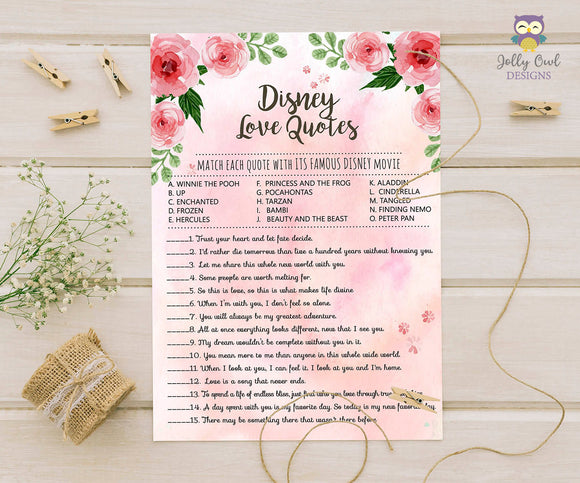Floral Watercolor Themed Bridal Shower Game Disney Love Quotes