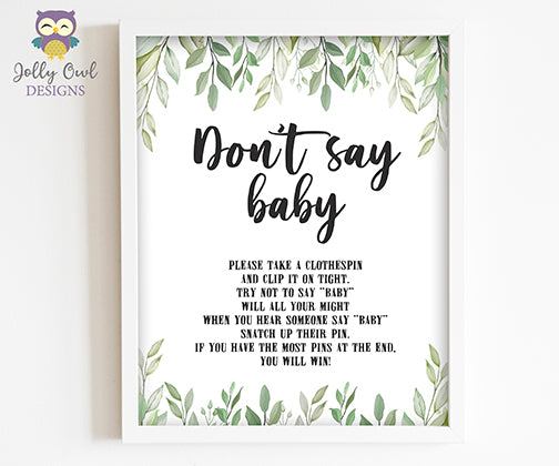 Botanical Greenery Baby Shower Party Sign - Don't Say Baby Game