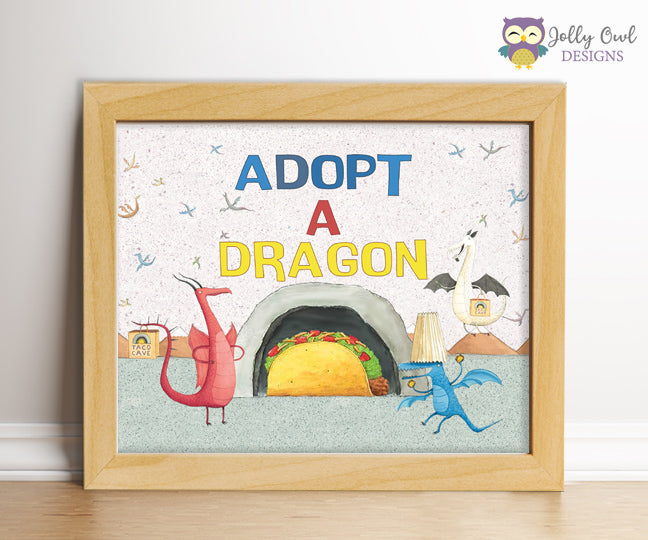 Dragons Love Tacos Birthday Party Sign - Adopt A Dragon – Jolly Owl Designs for Adopt A Dinosaur Sign Free Printable