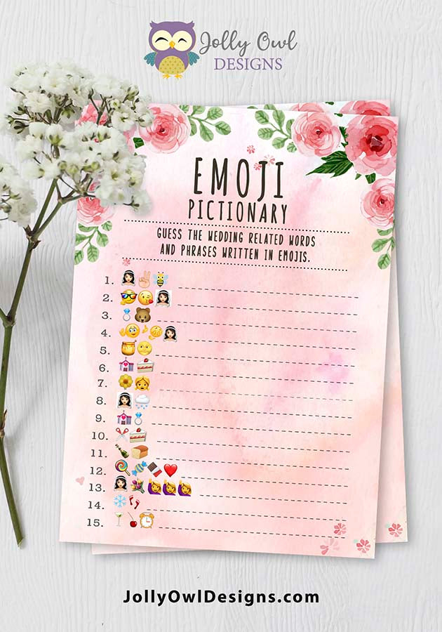 Floral Watercolor Themed Bridal Shower game - Emoji Pictionary – Jolly Owl Designs for Bridal Emoji Pictionary Free Printable