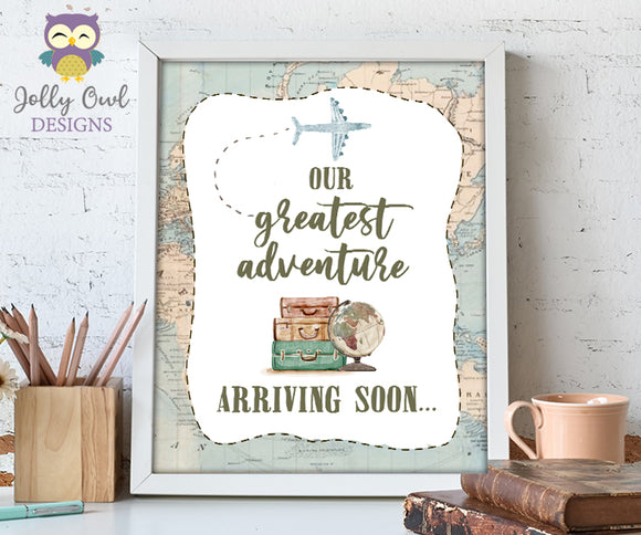 Our Greatest Adventure Arriving Soon Table Sign - Printable Signage for Vintage Travel Theme Baby Shower
