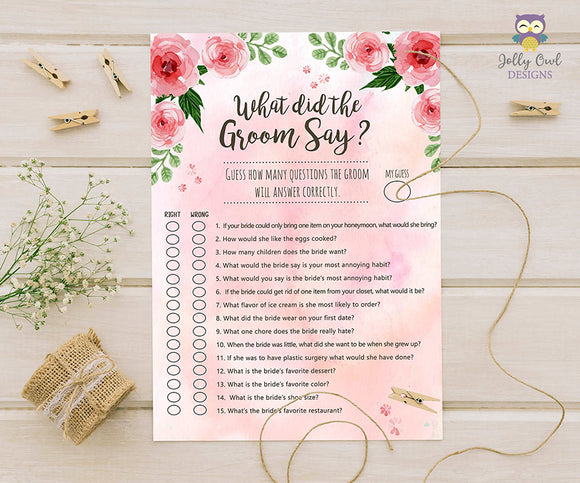 Floral Watercolor Themed Bridal Shower Game - What Did The Groom Say About His Bride?