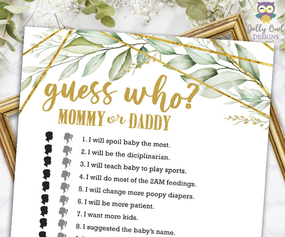 Gold Geometric Botanical Greenery Baby Shower Game - Guess Who Mommy Or Daddy?