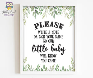 Botanical Greenery Baby Shower Party Sign - Please Write A Note Signature Guest Book