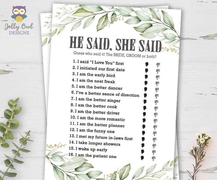 Botanical Greenery Bridal Shower Game - He Said She Said – Jolly Owl Designs botanical-greenery-bridal-shower-game-he-said-she-said-jolly-owl-designs