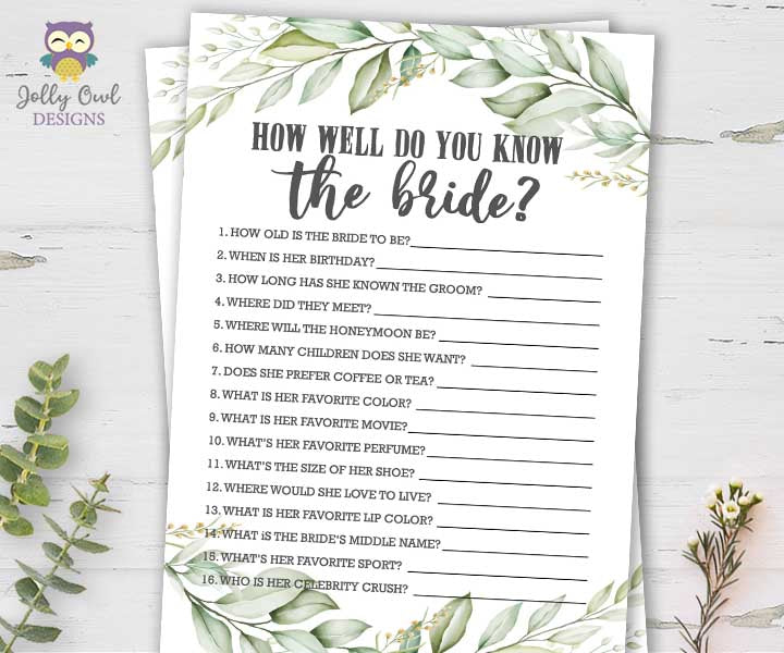 Botanical Greenery Bridal Shower Game - How well do you know the bride – Jolly Owl Designs for Free Printable How Well Do You Know The Bride