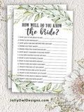 Botanical Greenery Bridal Shower Game - How well do you know the bride?