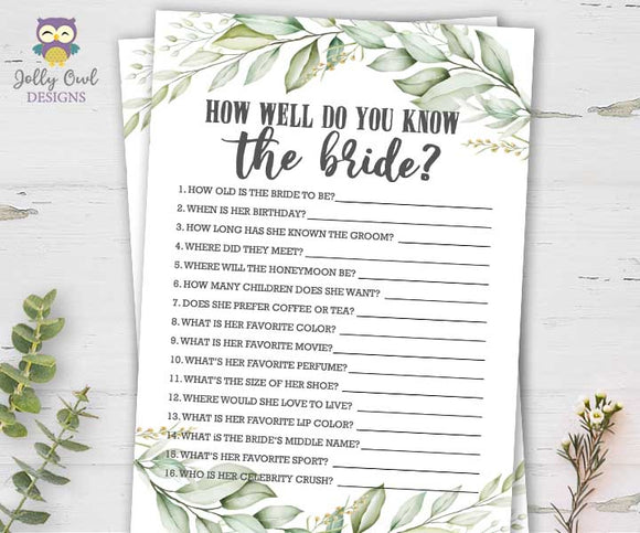Botanical Greenery Bridal Shower Game - How well do you know the bride?