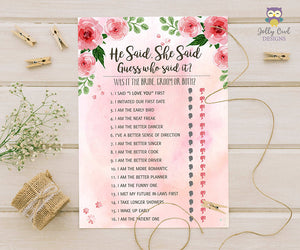 Floral Watercolor Themed Bridal Shower Game He Said She Said