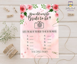 Floral Watercolor Themed Bridal Shower Game How Old is the Bride to be