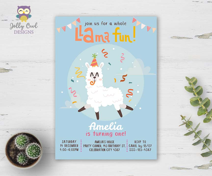 Llama Birthday Party Invitation – Jolly Owl Designs