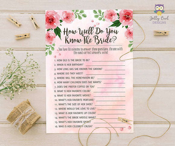 Floral Watercolor Themed Bridal Shower game - How well do you know the bride?