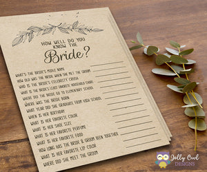 Rustic Themed Bridal Shower game - How well do you know the bride?