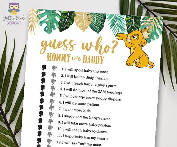 Jungle Safari Lion King Baby Shower - Guess Who? Mommy Or Daddy Game