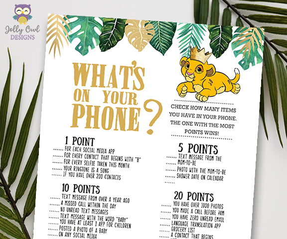 Jungle Safari Lion King Baby Shower - What's In Your Phone Game