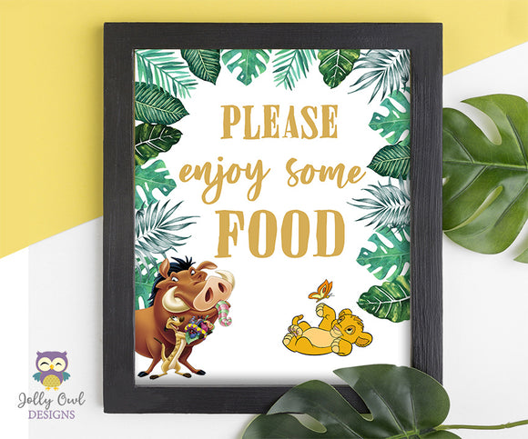 Lion King Themed Baby Shower or Birthday Party Signs - Enjoy Some Food