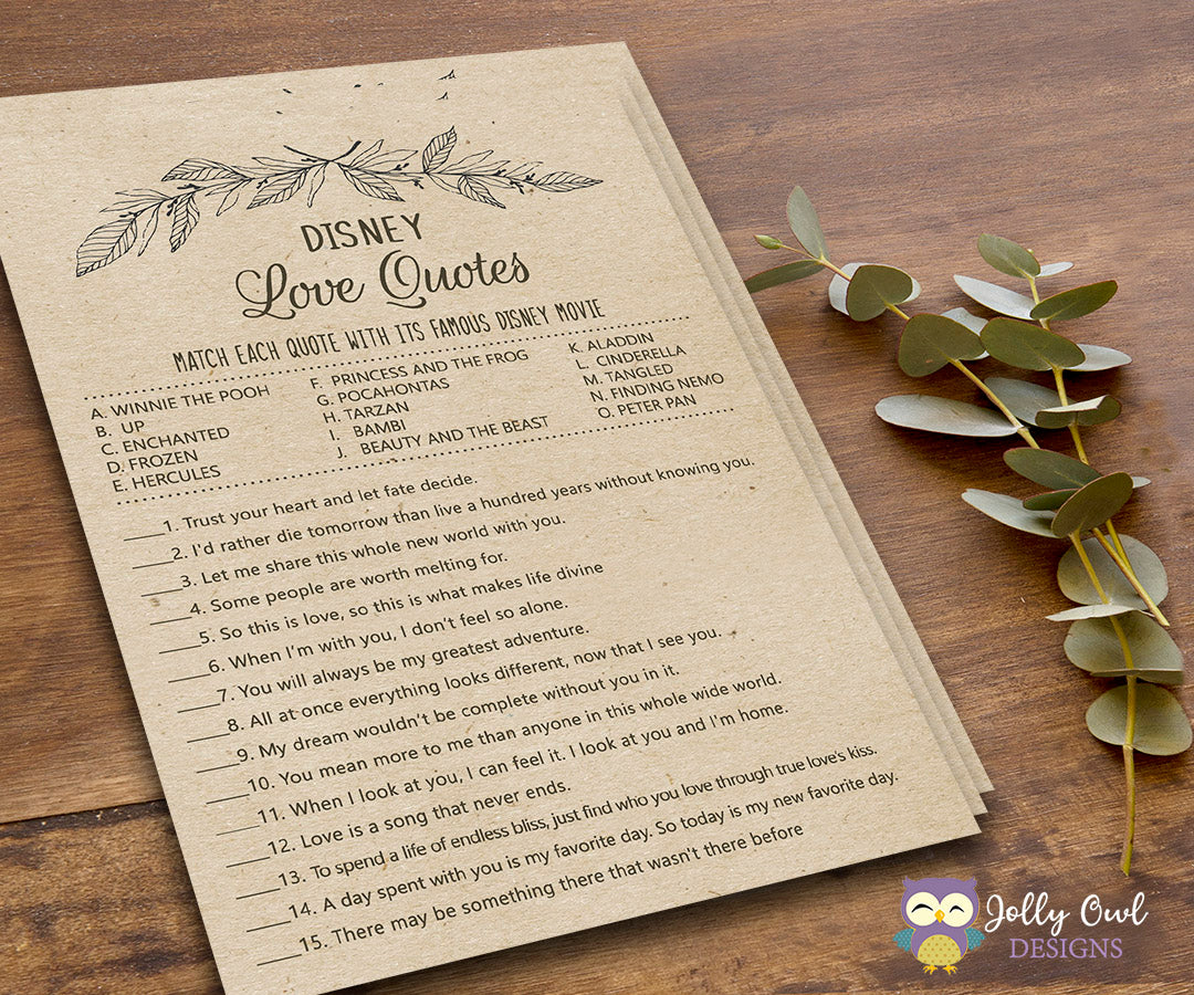Rustic Themed Bridal Shower Game Disney Love Quotes – Jolly Owl Designs for Free Printable Disney Couples Bridal Shower Games