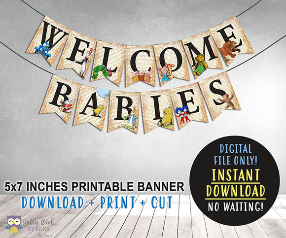 Book Themed Baby Shower Printable Banner - Welcome Babies