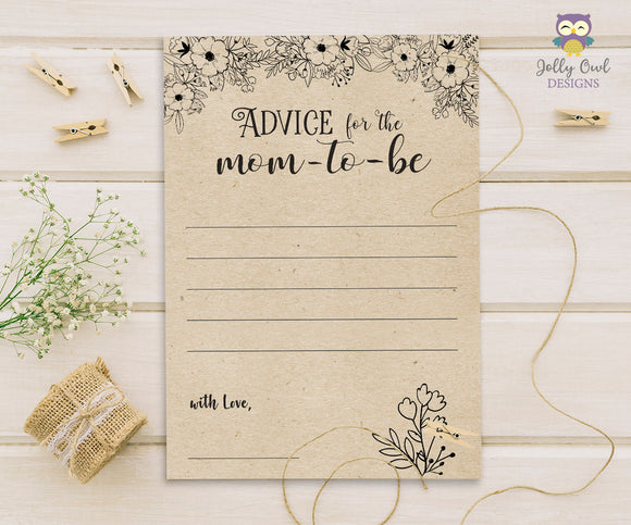 Rustic Floral Themed Baby Shower Game Card Advice for the Mom To Be