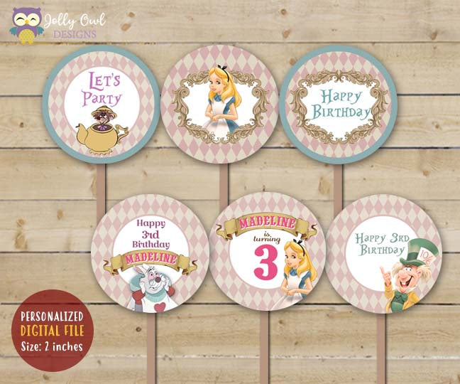 Alice In Wonderland Personalized Cupcake Toppers – Jolly Owl Designs alice-in-wonderland-personalized-cupcake-toppers-jolly-owl-designs