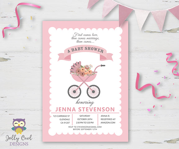 Girl Carriage Baby Shower Invitation