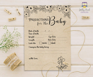 Rustic Floral Themed Baby Shower Game Card Predictions For Baby