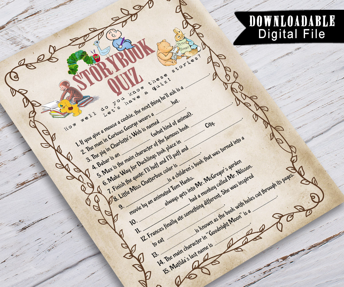 Story Book Themed Baby Shower Game Children's Book Quiz Jolly Owl