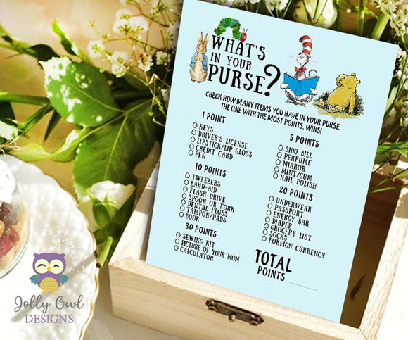 Book Themed Baby Shower Game - What's In Your Purse