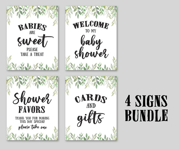 Botanical Greenery Baby Shower Party Signs - 4 Bundle Pack