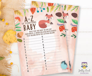 Woodland Baby Shower Game Card - A to Z of Everything Baby