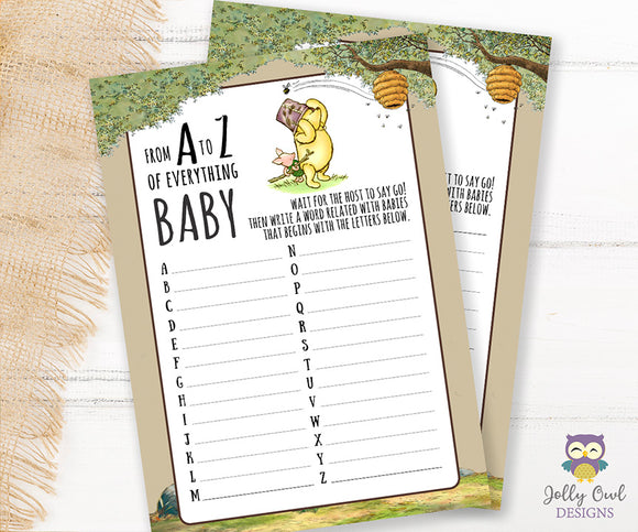 Winnie The Pooh Baby Shower Game Card - A to Z of Everything Baby