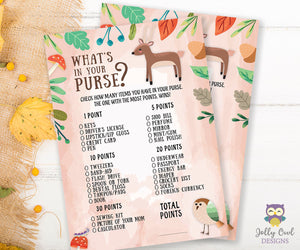Woodland Baby Shower Game Card - What's In Your Purse?