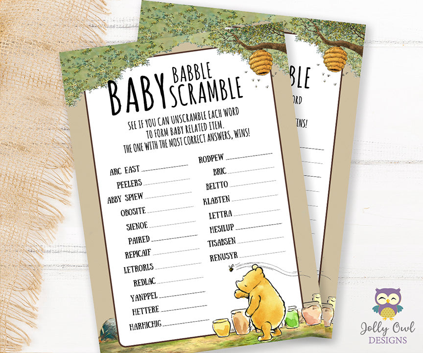 Winnie The Pooh Baby Shower Game Card - Scrambled Letters