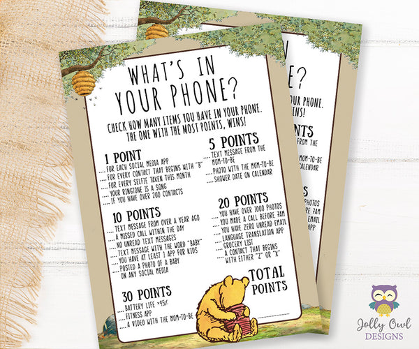 Winnie The Pooh Baby Shower Game What s On Your Phone Jolly Owl Designs