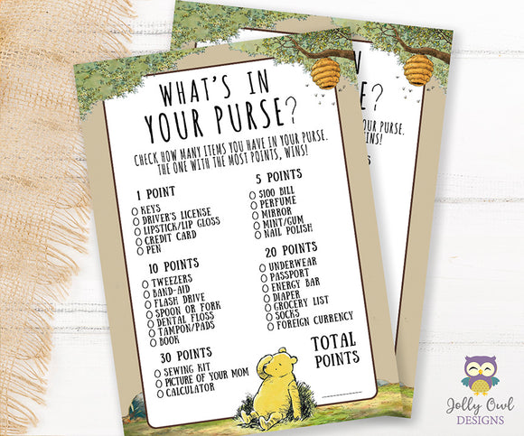 Winnie The Pooh Baby Shower Game Card - What's In Your Purse?