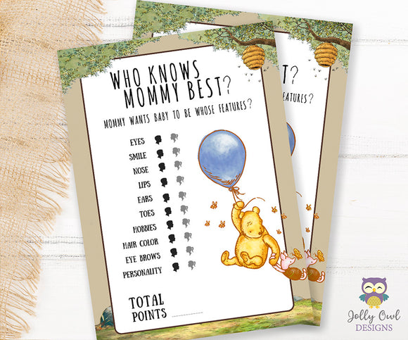 Winnie The Pooh Baby Shower Game Card Who Knows Mommy Best?
