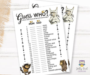 Where The Wild Things Are Baby Shower Game Card - Guess Who