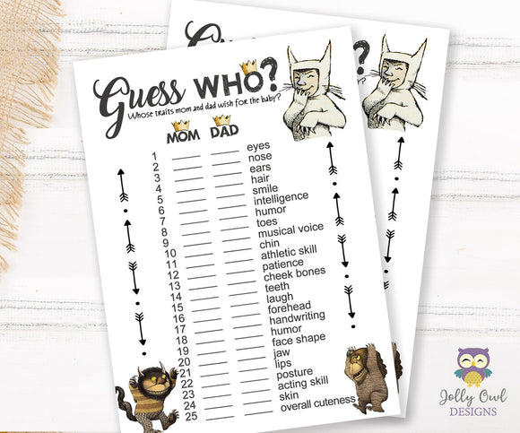 Where The Wild Things Are Baby Shower Game Card - Guess Who