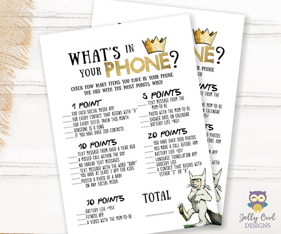 Where The Wild Things Are Baby Shower Game Card What's In Your Phone?