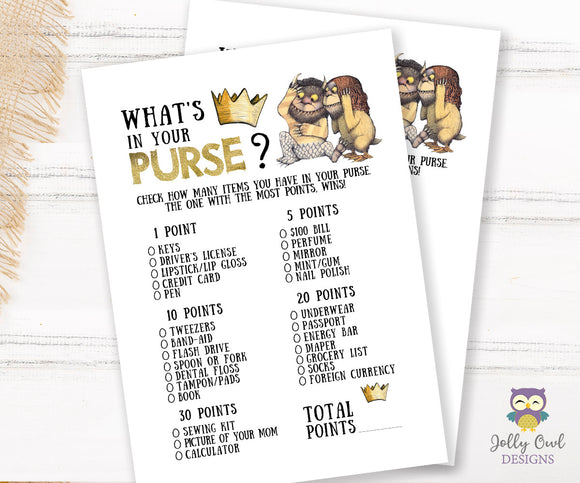 Where The Wild Things Are Baby Shower Game Card - What's In Your Purse?