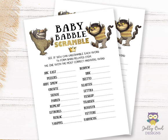 Where The Wild Things Are Baby Shower Game Card - Scrambled Letters