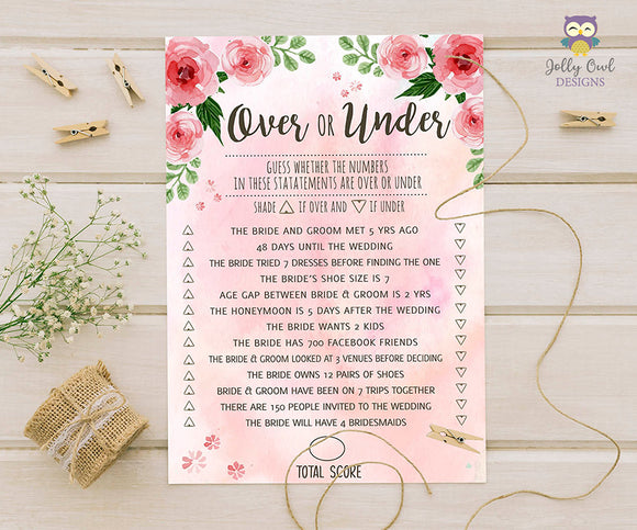 Floral Watercolor Themed Bridal Shower Game Over or Under
